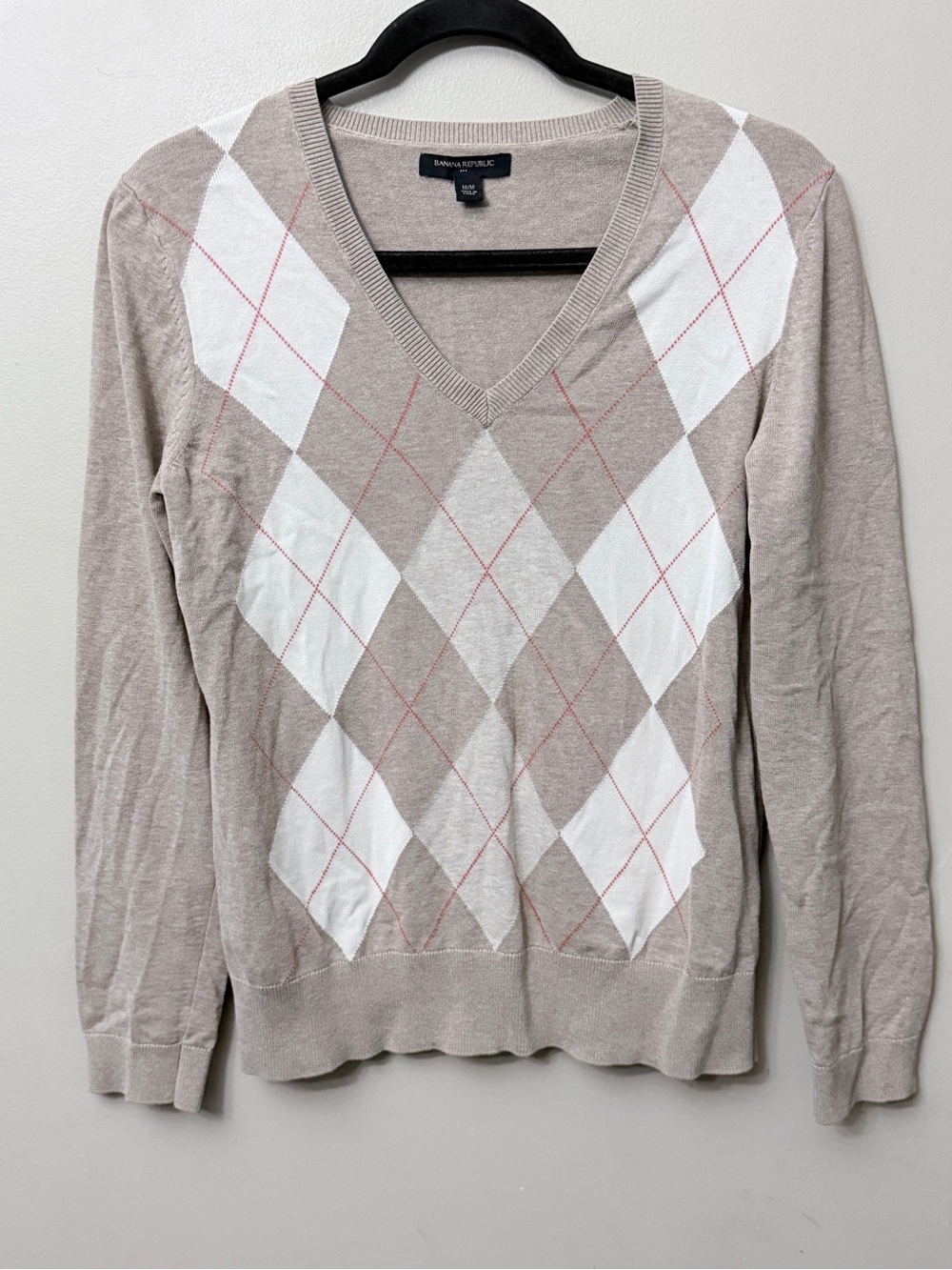 Banana Republic Beige Argyle V-Neck 100% Cotton Knit Sweater Medium